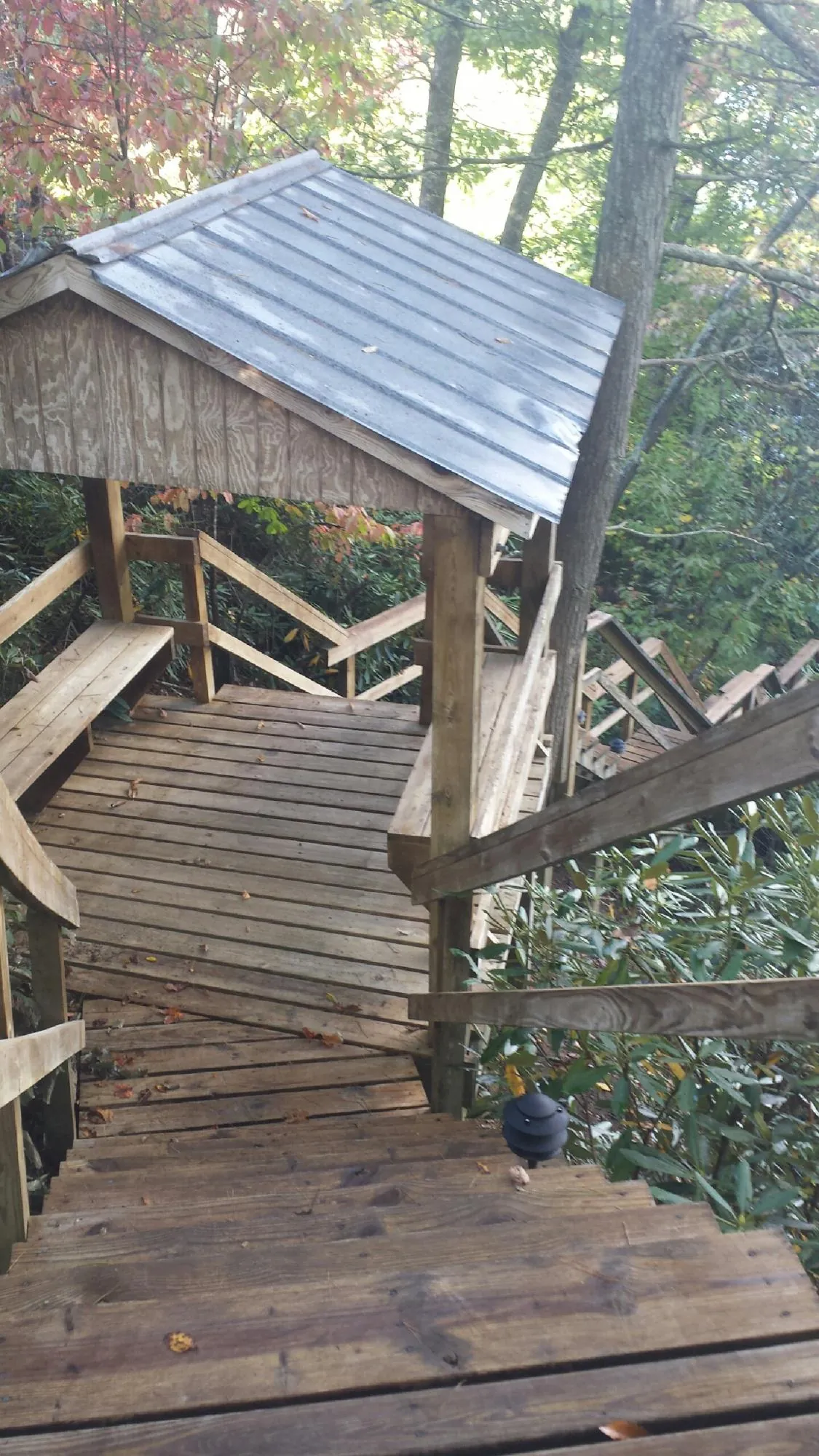 Metal roofed shelter over wooden steps on a wooded walkway — Skylight Repair & Installation work by our crew in Roxbury Crossing